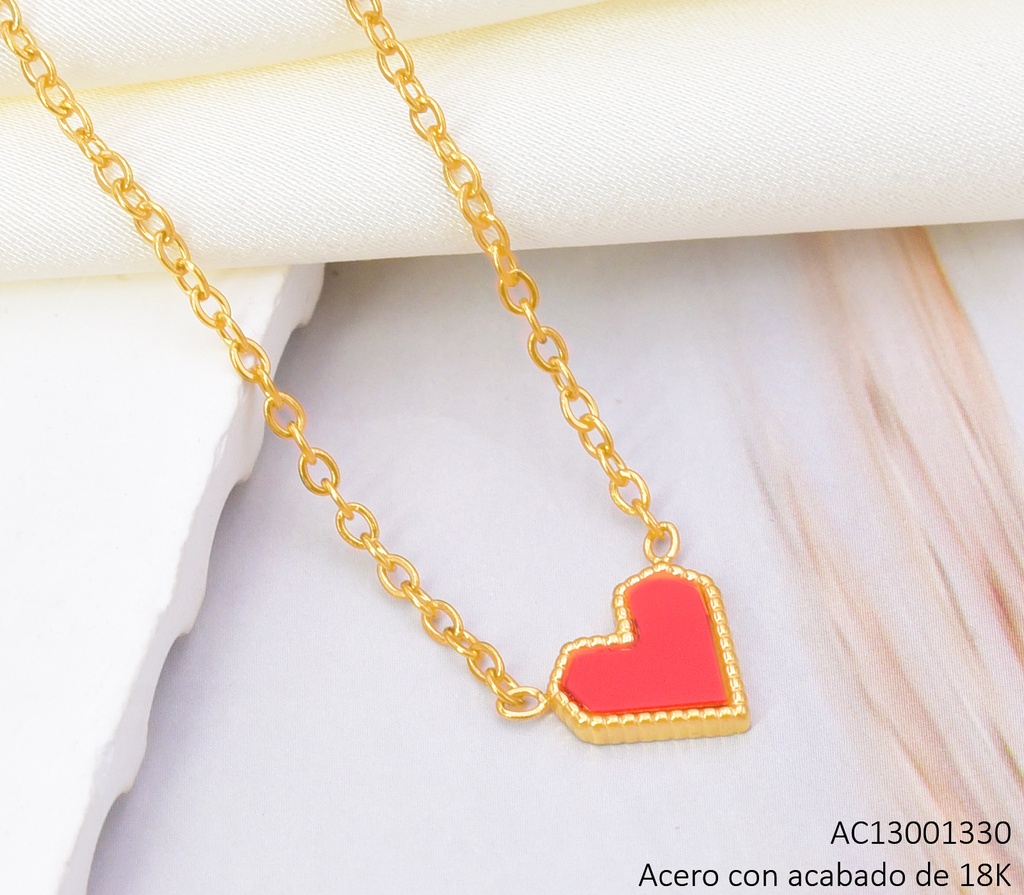 CADENAS ACERO INOX. ACABADO 18K. DIJE CORAZON ROJO P25070061001