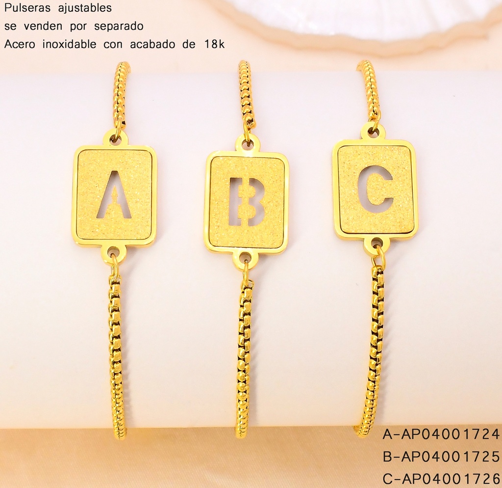 PULSERA AJUSTABLES ACERO INOX. ACABADO 18K. CUADRO LETRA "A"  P25070036001