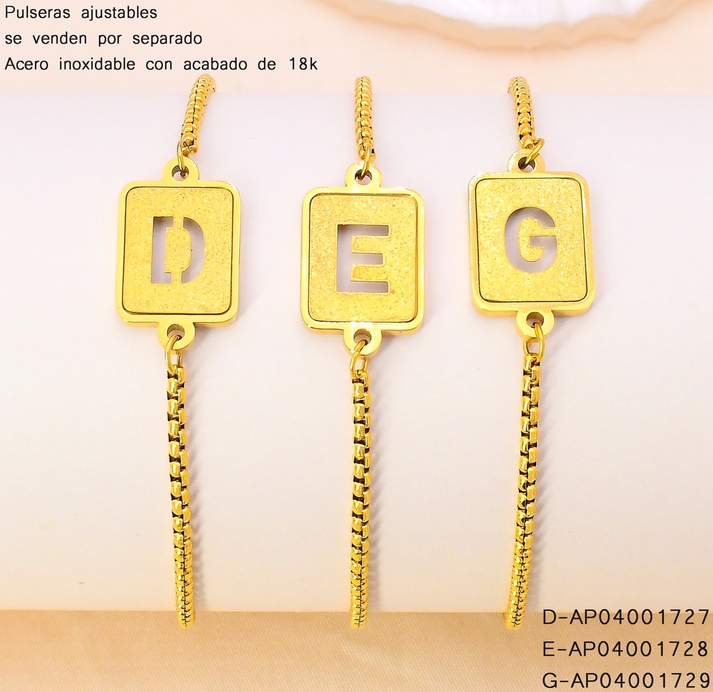 PULSERA AJUSTABLES ACERO INOX. ACABADO 18K. CUADRO LETRA "D"  P25070036004