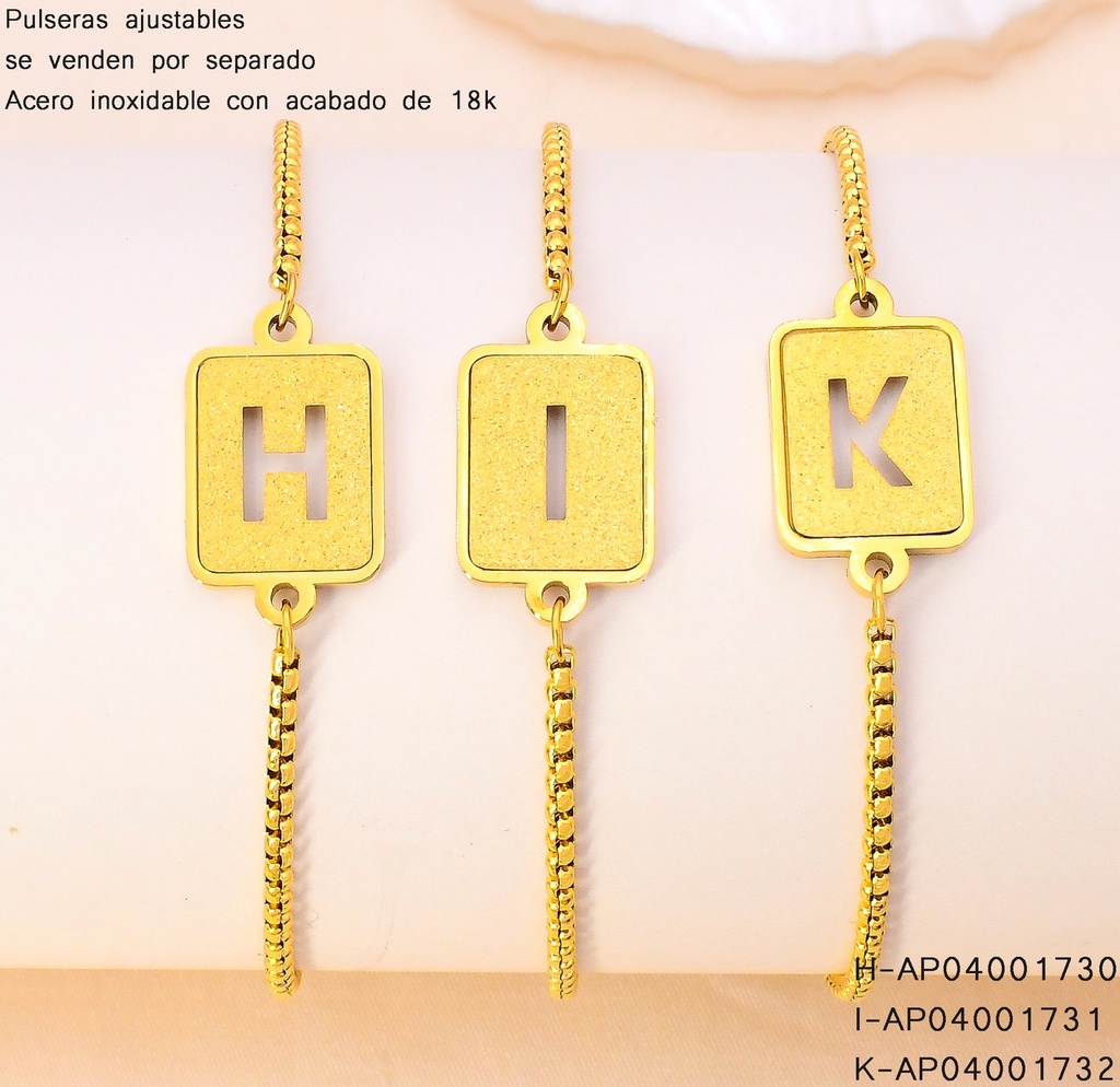 PULSERA AJUSTABLES ACERO INOX. ACABADO 18K. CUADRO LETRA "K"  P25070036011