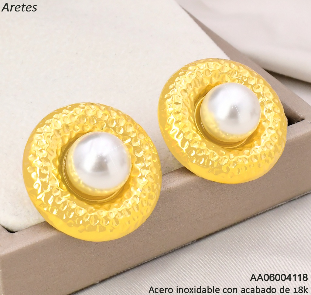 ARETES ACERO INOX. ACABADO 18K. RD PUNTEADO/PERLA CENTRO P25061411001