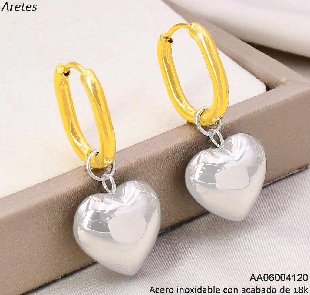 ARETES ACERO INOX. ACABADO 18K. HUGGIES CORAZON INFLADO P25070013001