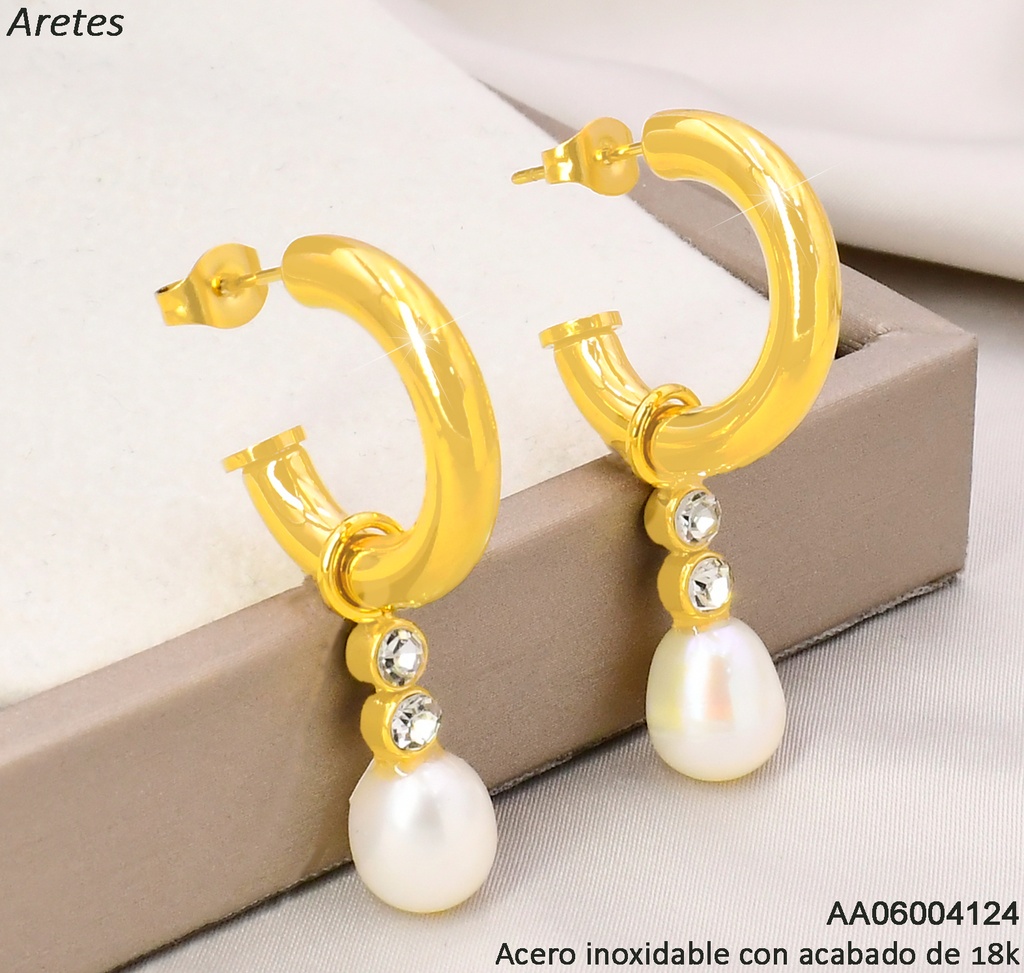 ARETES ACERO INOX. ACABADO 18K. "C" ZIRC. & PERLA COLGANTE P25061425001
