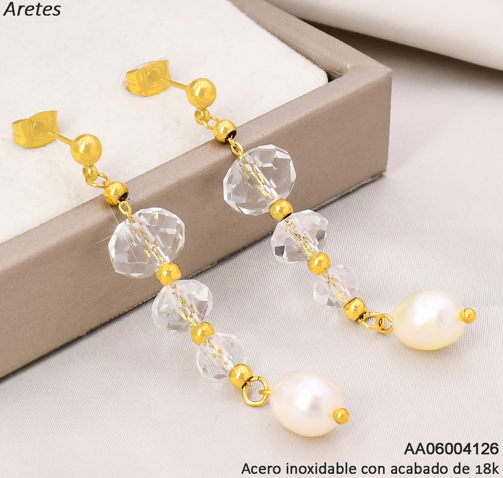 ARETES ACERO INOX. ACABADO 18K.CRISTALES VERT. /PERLA P25061423001