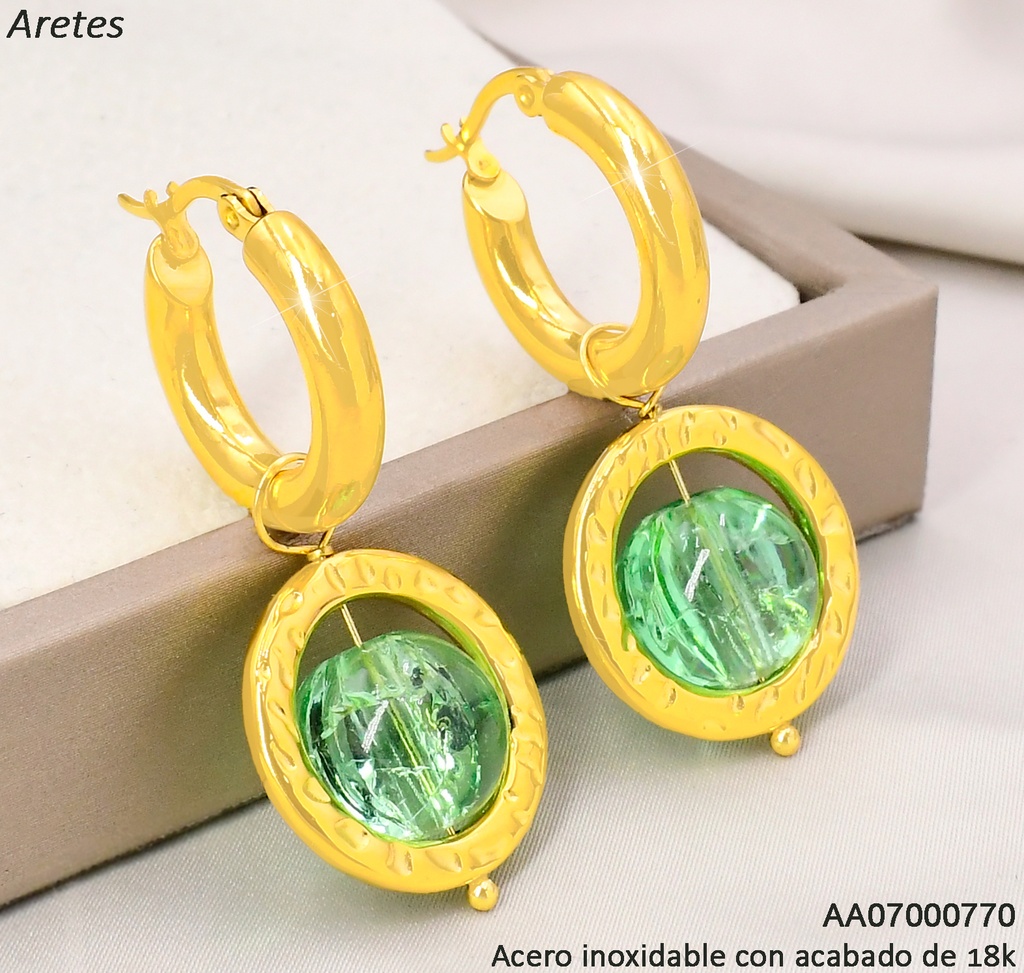 ARGOLLA ACERO INOX. ACABADO 18K. CIRCULO PIEDRA VERDE CENTRO P25070017001