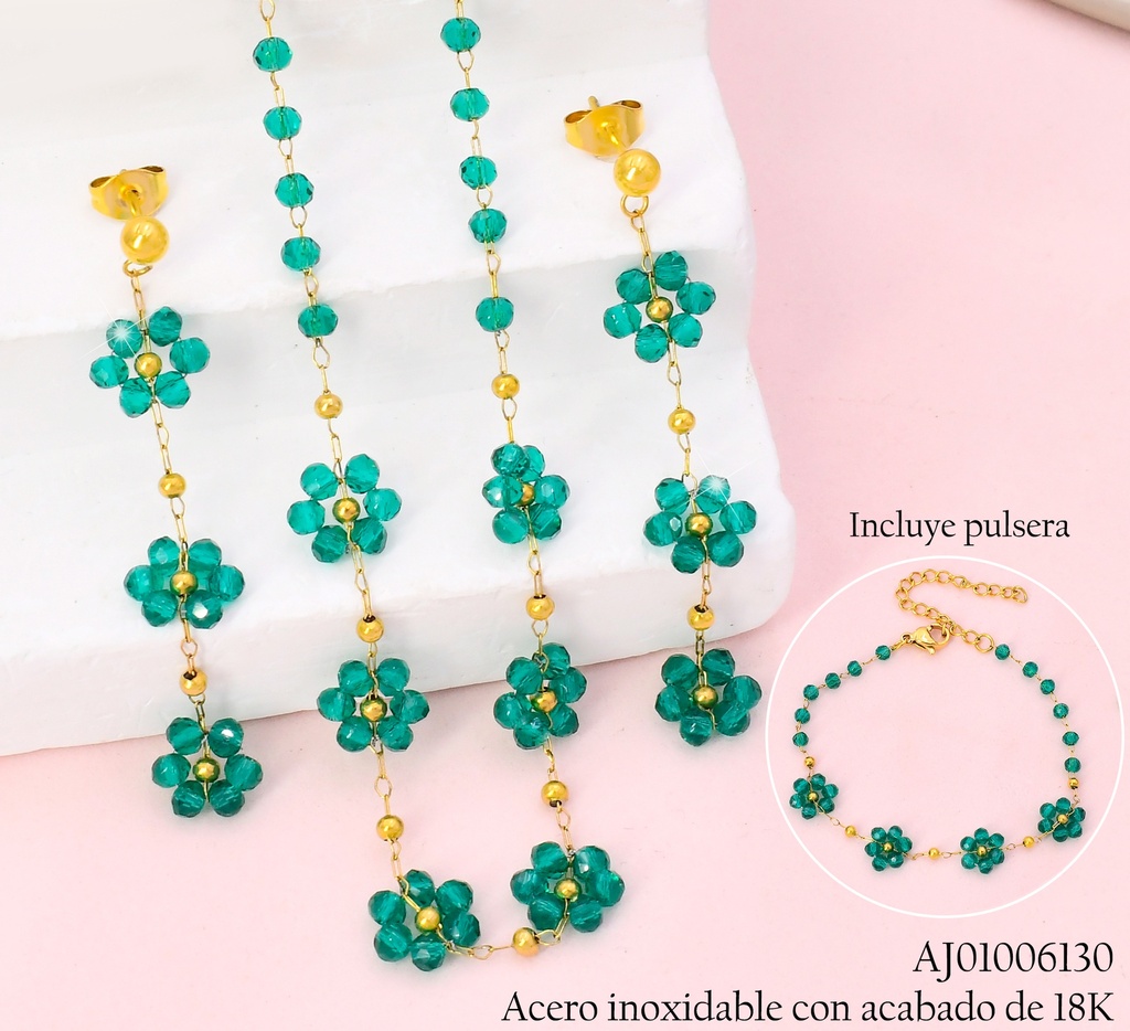 JUEGO ACERO INOX. ACABADO 18K.FLORES VERDES  C/PUL.P25070053001