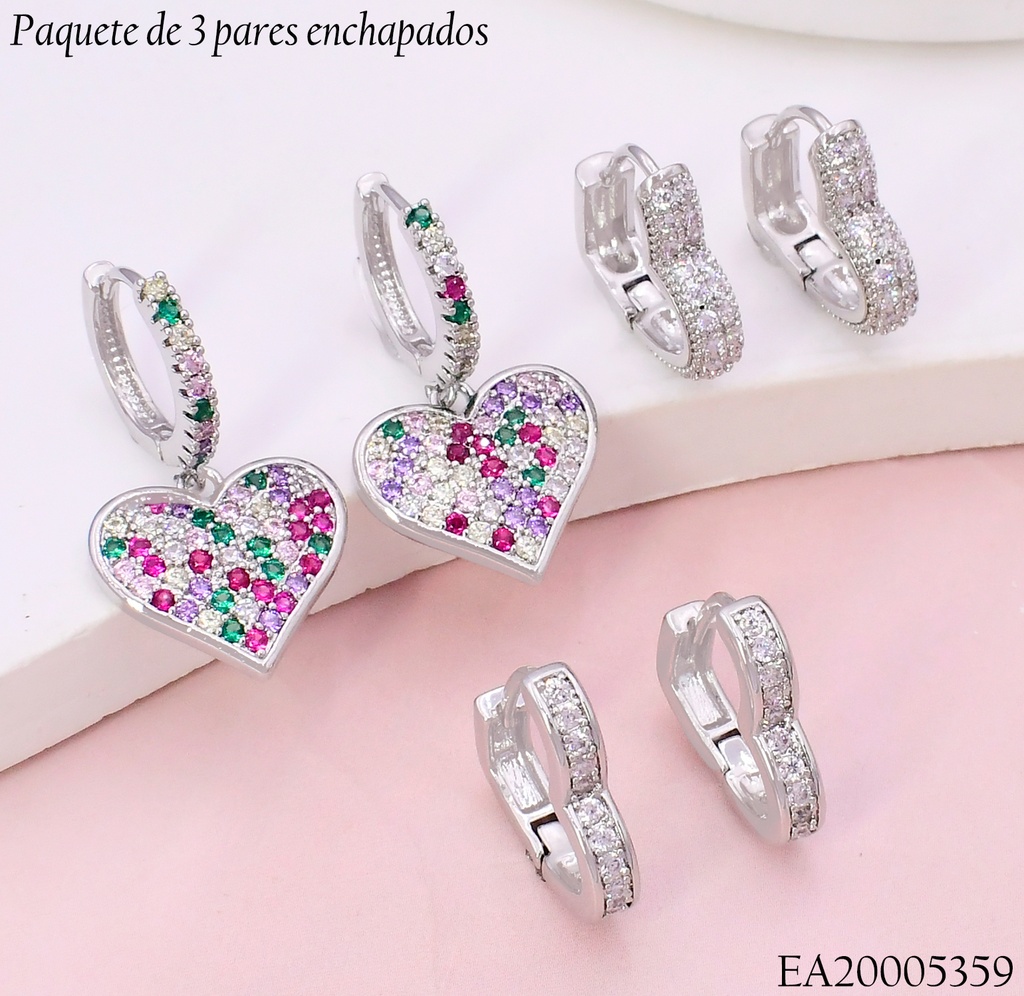 PAQ.3 PARES ARETES PLAT. CROQUIS CORAZONES ZIRC.C/COLG.SE1281-6