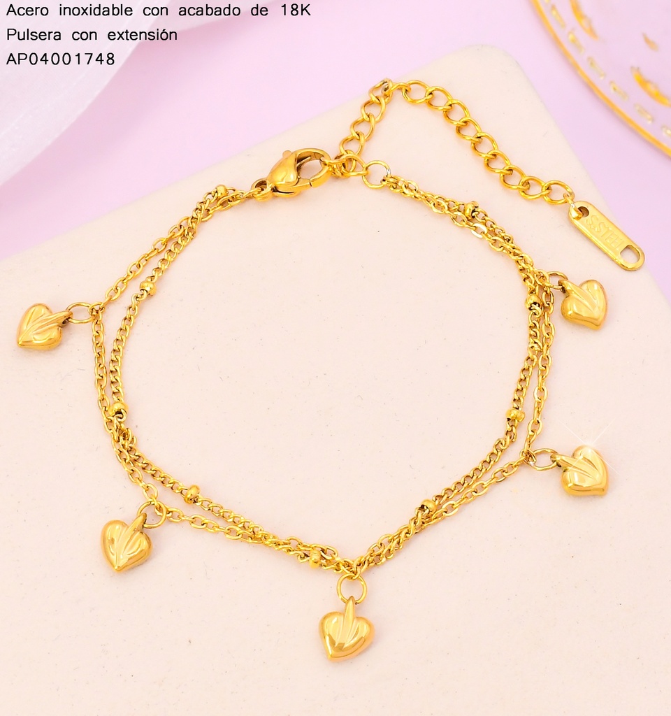 PULSERAS ACERO INOX. ACABADO 18K. DOBLE CADENA DIJE CORAZON P25070018001