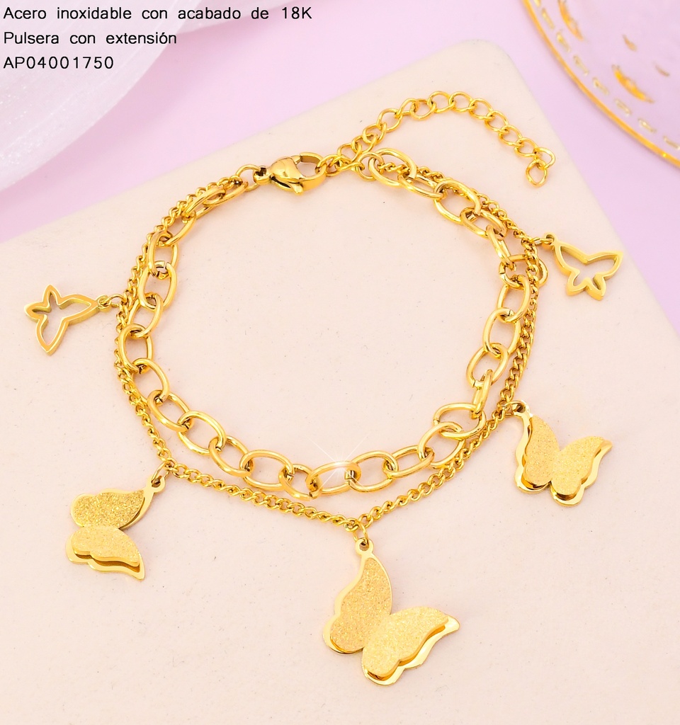 PULSERAS ACERO INOX. ACABADO 18K. DOBLE DIJE MARIPOSAS P25070083001