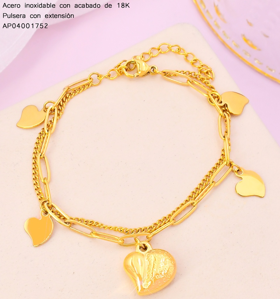 PULSERAS ACERO INOX. ACABADO 18K. DOBLE ESLAB. / DIJE CORAZON P25070082001