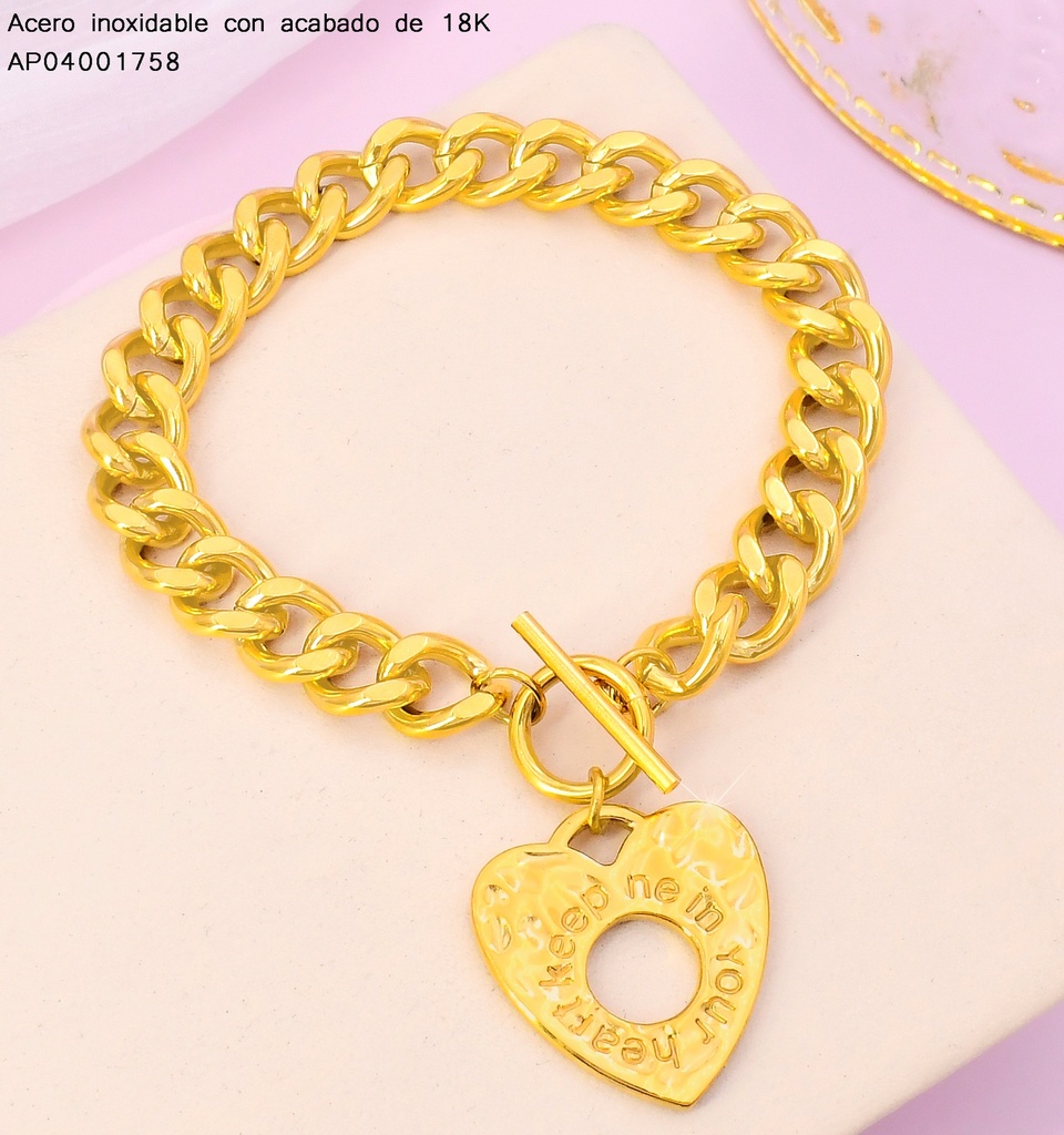 PULSERAS ACERO INOX. ACABADO 18K. ESLAB. BARBADA CIERRE 🚫CORAZON P25070009001
