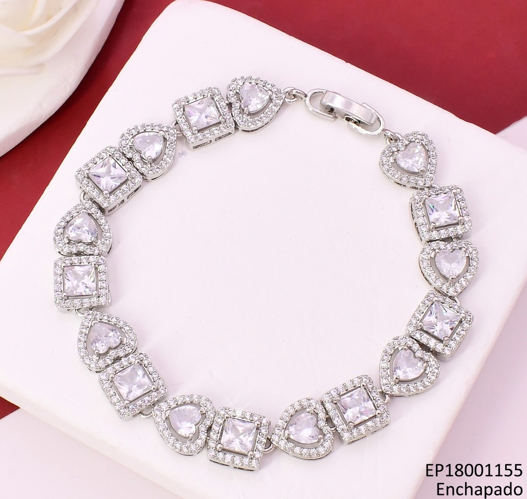 PULSERA PLAT ZIRC. CORAZONES / CUADROS Z455-470