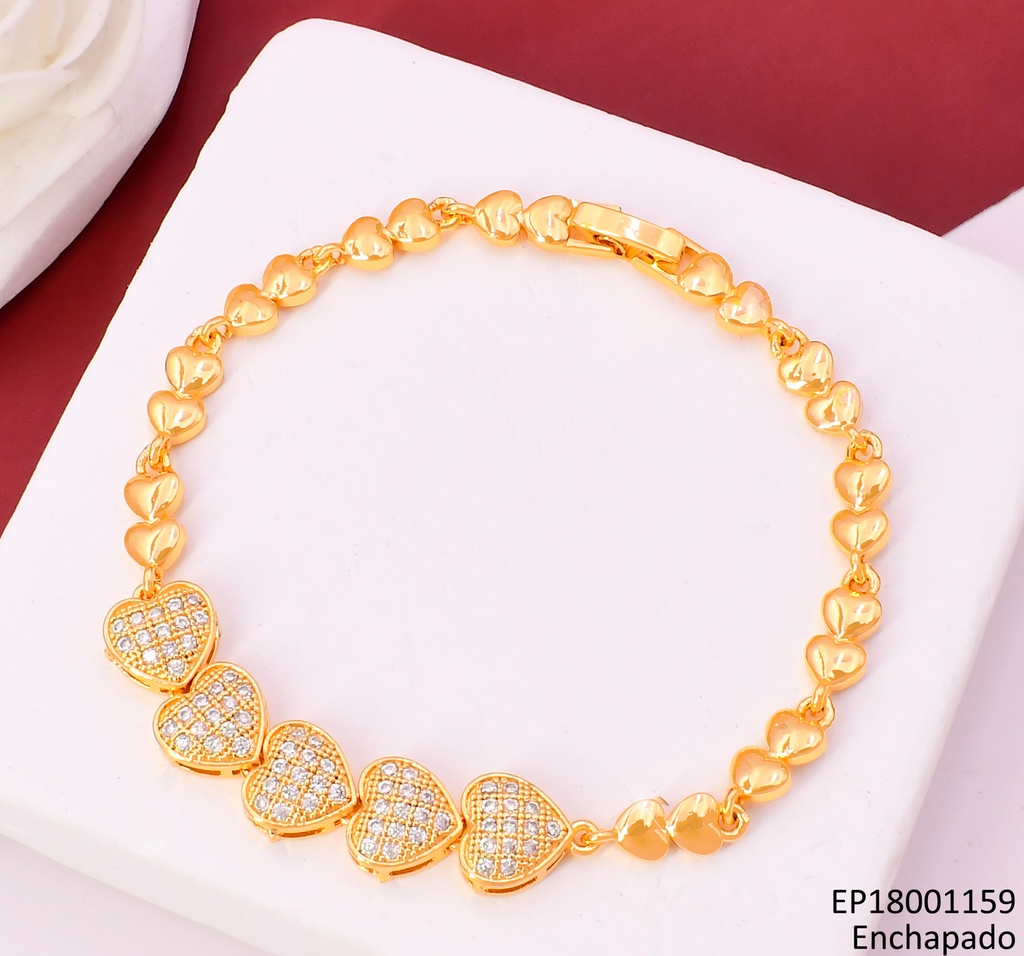 PULSERA DORADA CORAZONES LISOS/ 5 CORAZONES ZIRC. Z451-470