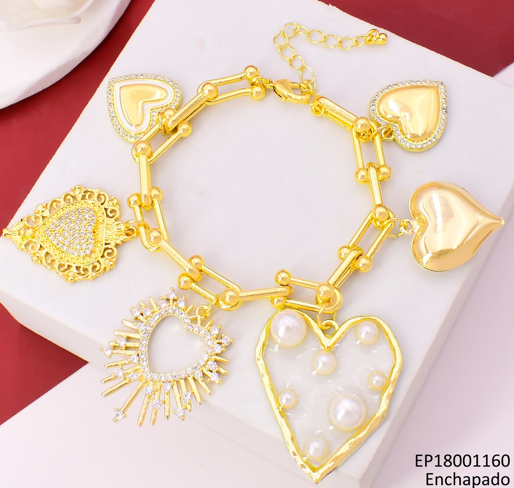 PULSERA ESLABON OV. CORAZONES INFLADO/ ZIRC/PERLAS BE799-9