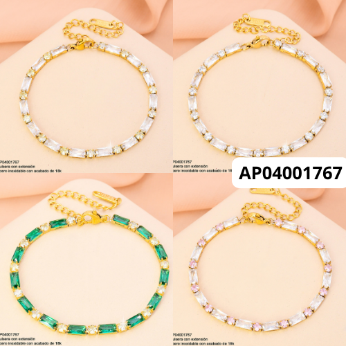 PULSERAS ACERO INOX. ACABADO 18K. ZIRC RECT./RD COL SURT. P25061422003