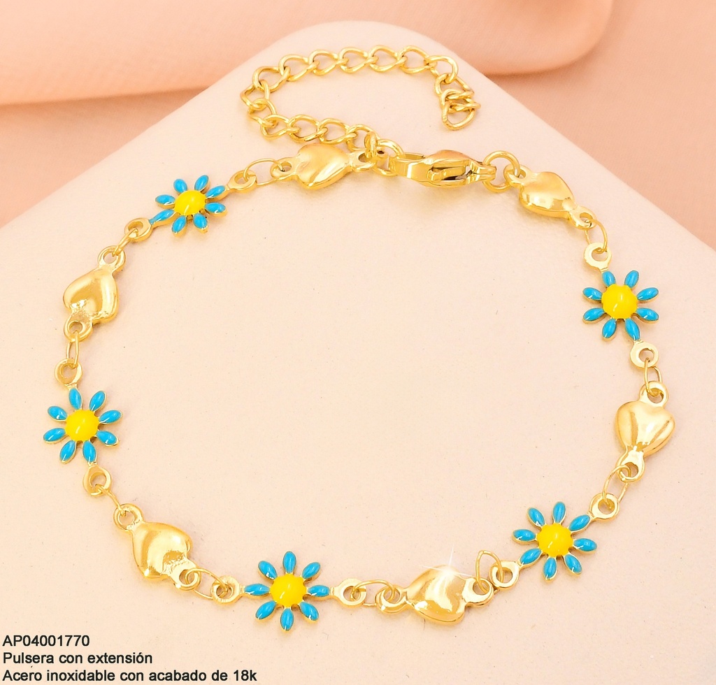 PULSERAS ACERO INOX. ACABADO 18K. CORAZONES DOR / FLORES CELESTE C/AMARILLO P25061419001