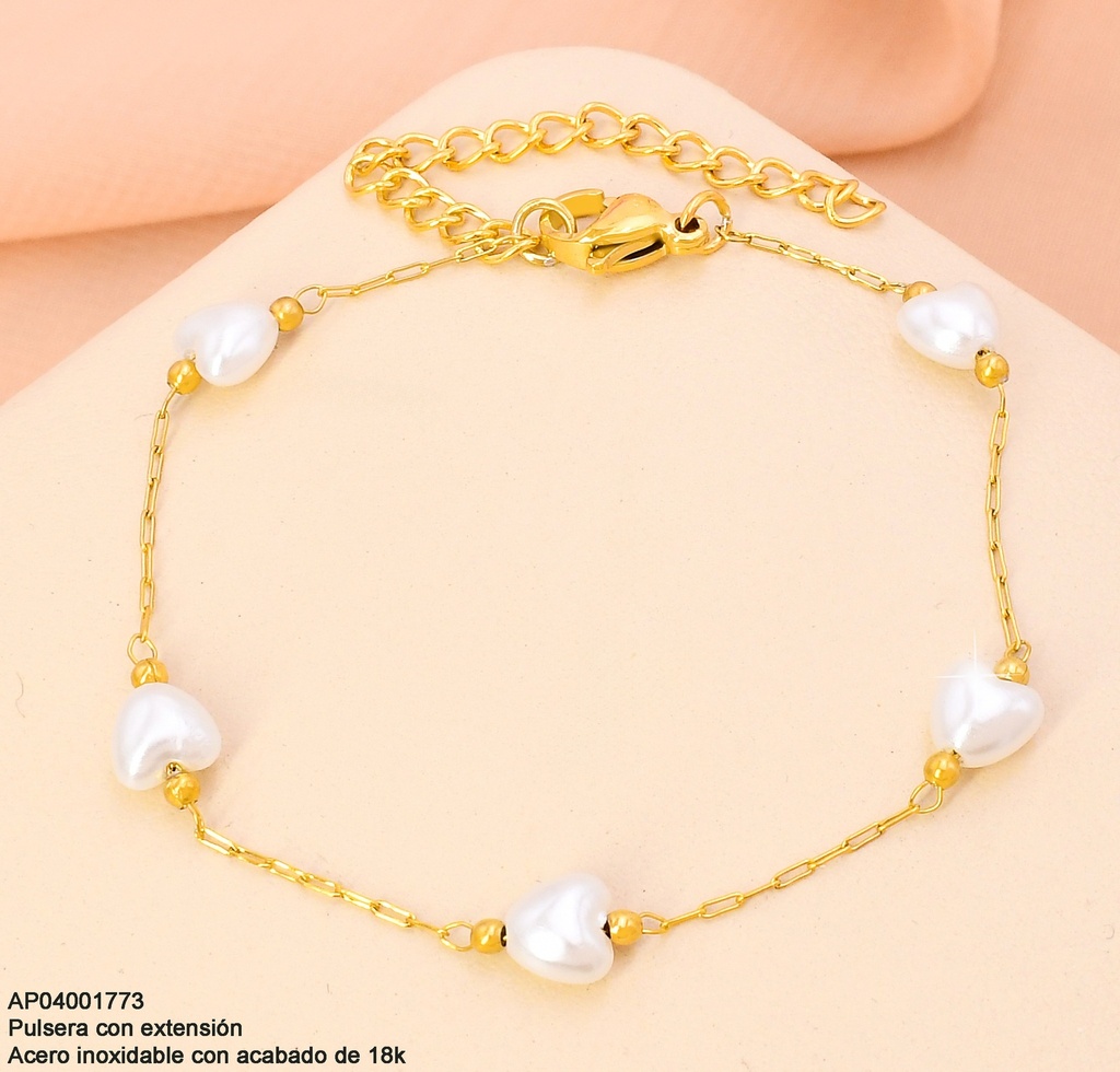 PULSERAS ACERO INOX. ACABADO 18K. FINA CORAZONES  DE PERLA P25061420001