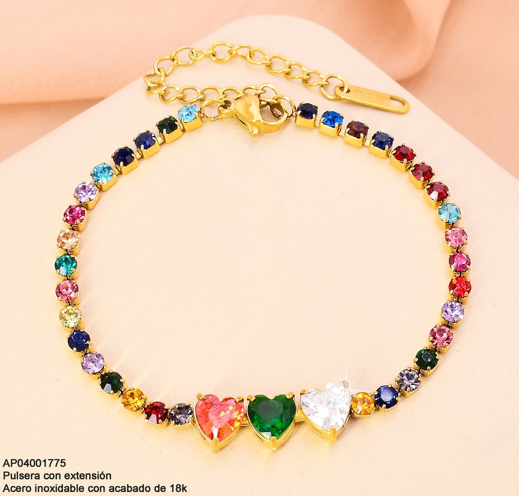 PULSERAS ACERO INOX. ACABADO 18K. ZIRC. RD /3 CORAZONES MULTICOLOR P25070011001