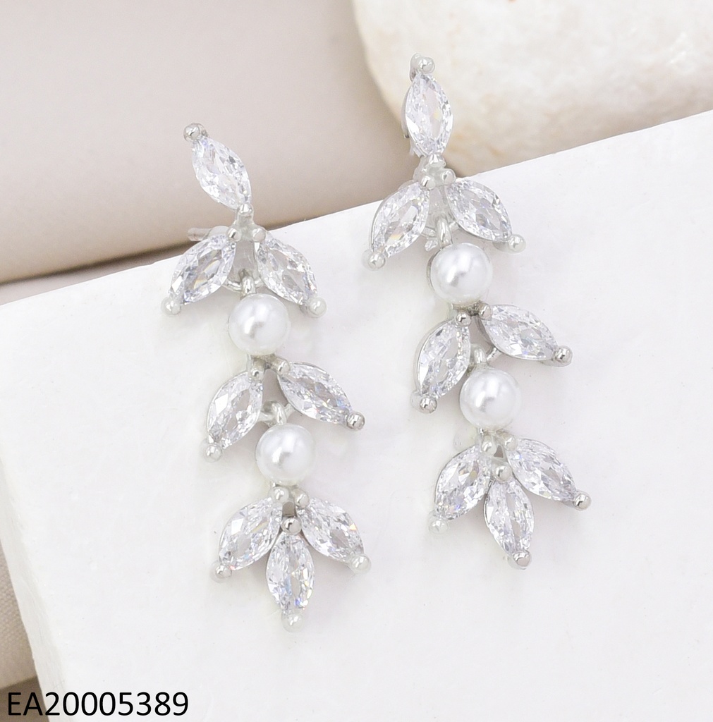 ARETES PLAT COLGANTE HOJA ZIRC. PERLA  EE4821-9