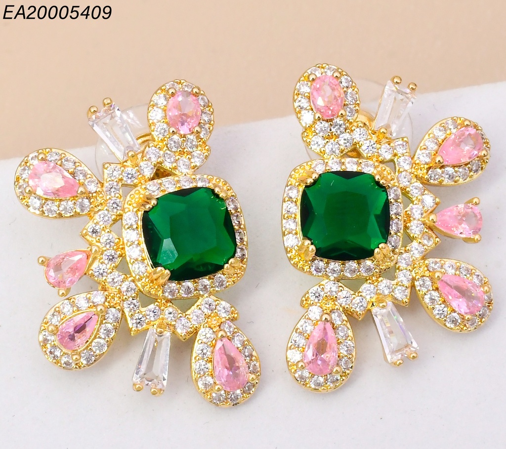 ARETES DOR MEDIA FLOR ZIRC VERDE/ROSA/CRISTAL  EE4386-6