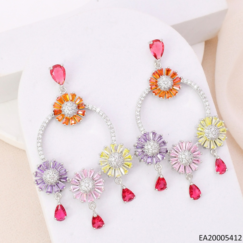 ARETES PLATEADO "O" FLOR ZIRC. GOTA EE4395-6