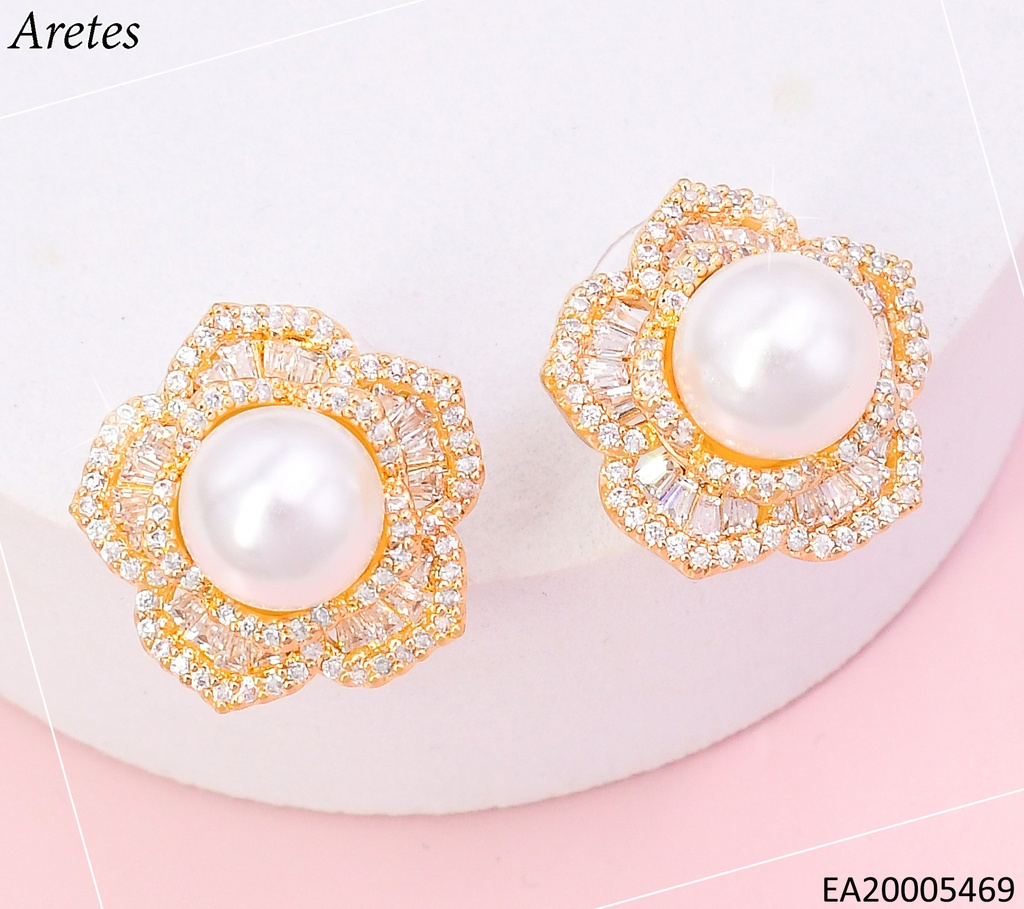 ARETES DORADOS FLOR ZIRC. C/PERLA CENTRO EE4654-6