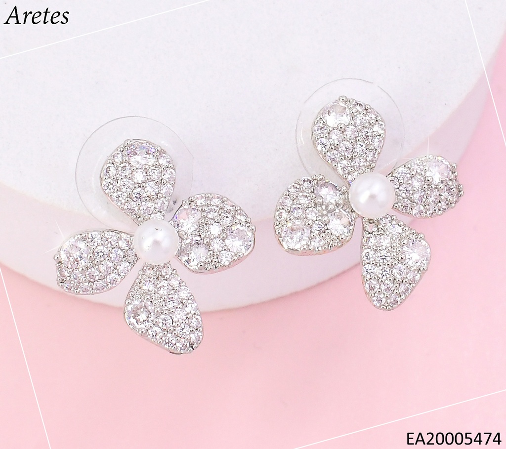 ARETES FLOR PLATEADA ZIRC./PERLA CENTRO EE4695-6