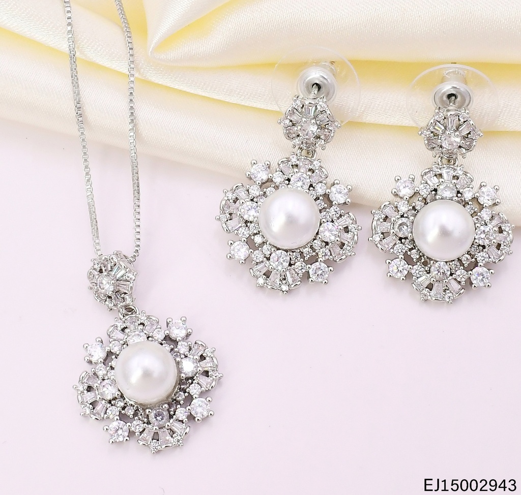 SET PLATEADO DOBLE CIRCULO ZIC./ PERLA CENTRO SE1249-6