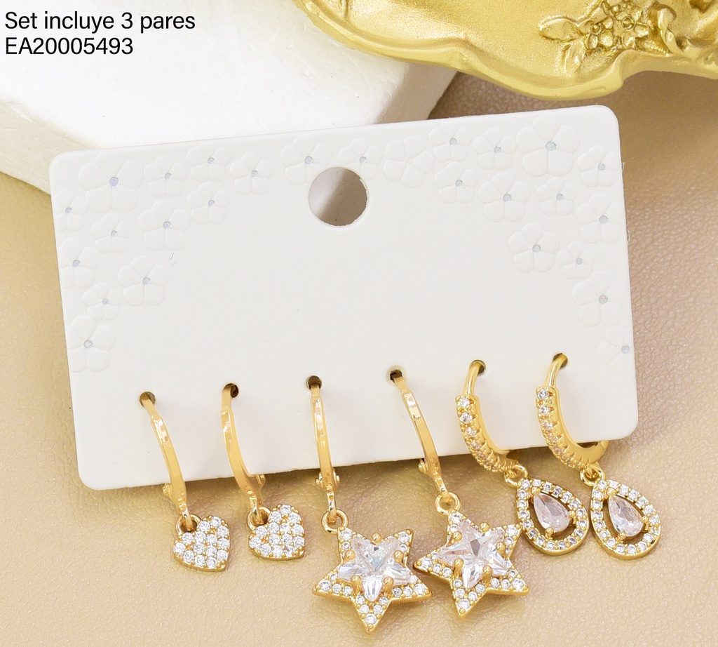 SET 3 PARES ARETES DOR ESTRELLA/GOTA/CORAZ. SE1272-6