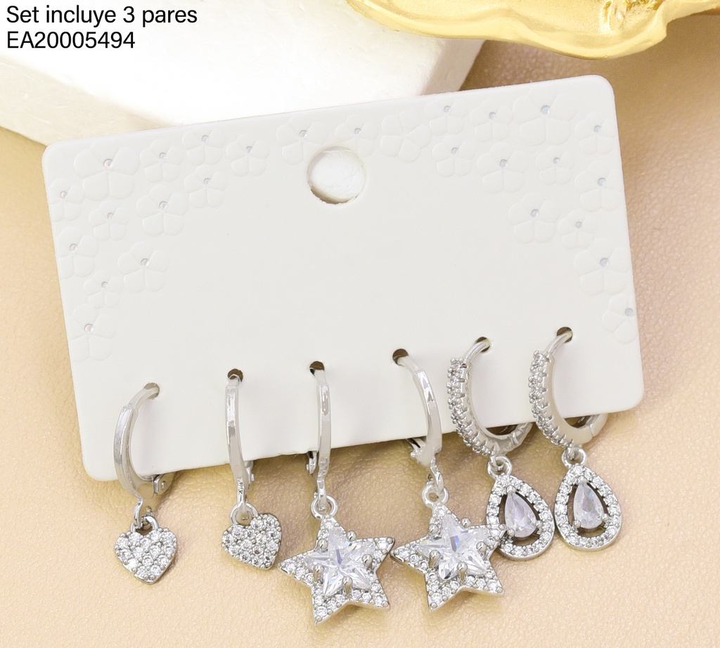 SET 3 PARES ARETES PLAT ESTRELLA/GOTA/CORAZ.SE1273-6