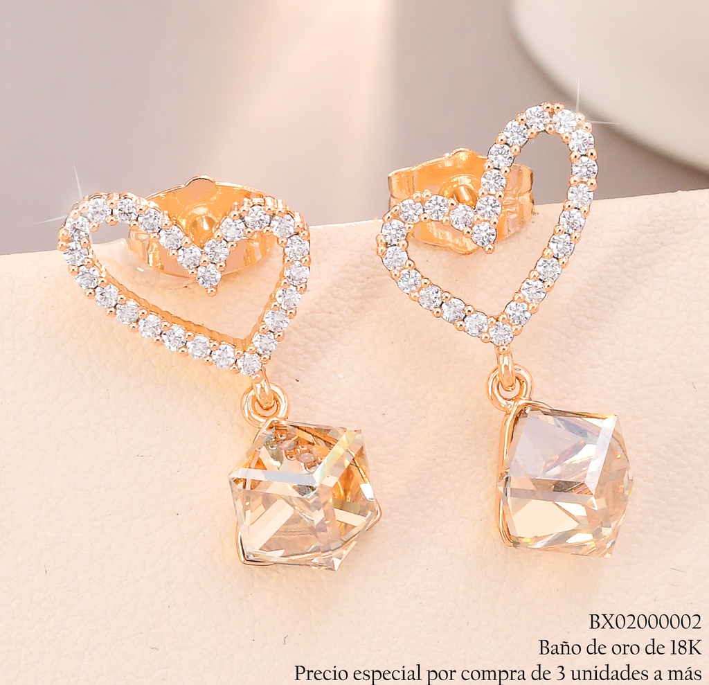 ARETES BAÑO DE ORO 18K XUPING CROQUI CORAZON/CUBO ROSADO (X)