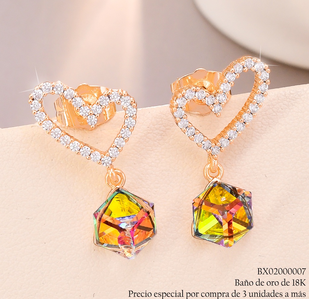 ARETES BAÑO DE ORO 18K XUPING CROQUI CORAZON/CUBO TORNASOL(X)