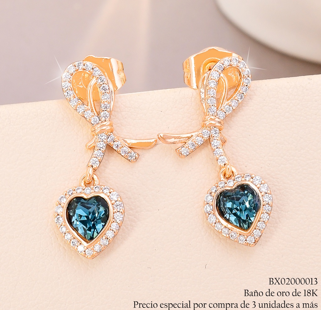 ARETES BAÑO DE ORO 18K XUPING LAZO ZIRC.C/CORAZON💚JEYX-7890 (X)