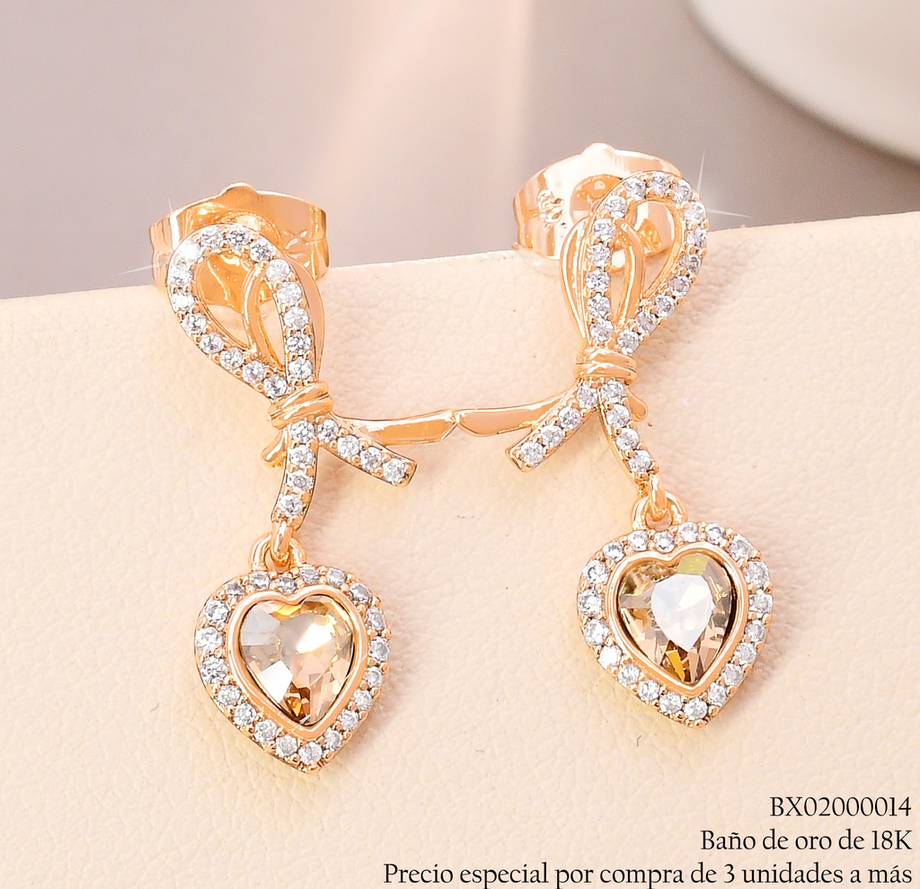 ARETES BAÑO DE ORO 18K XUPING LAZO ZIRC.C/CORAZON CAFE JEYX-7890 (X)