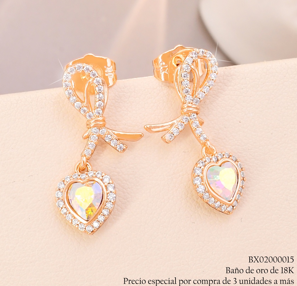 ARETES BAÑO DE ORO 18K LAZO ZIRC.C/CORAZON TORN.(X)