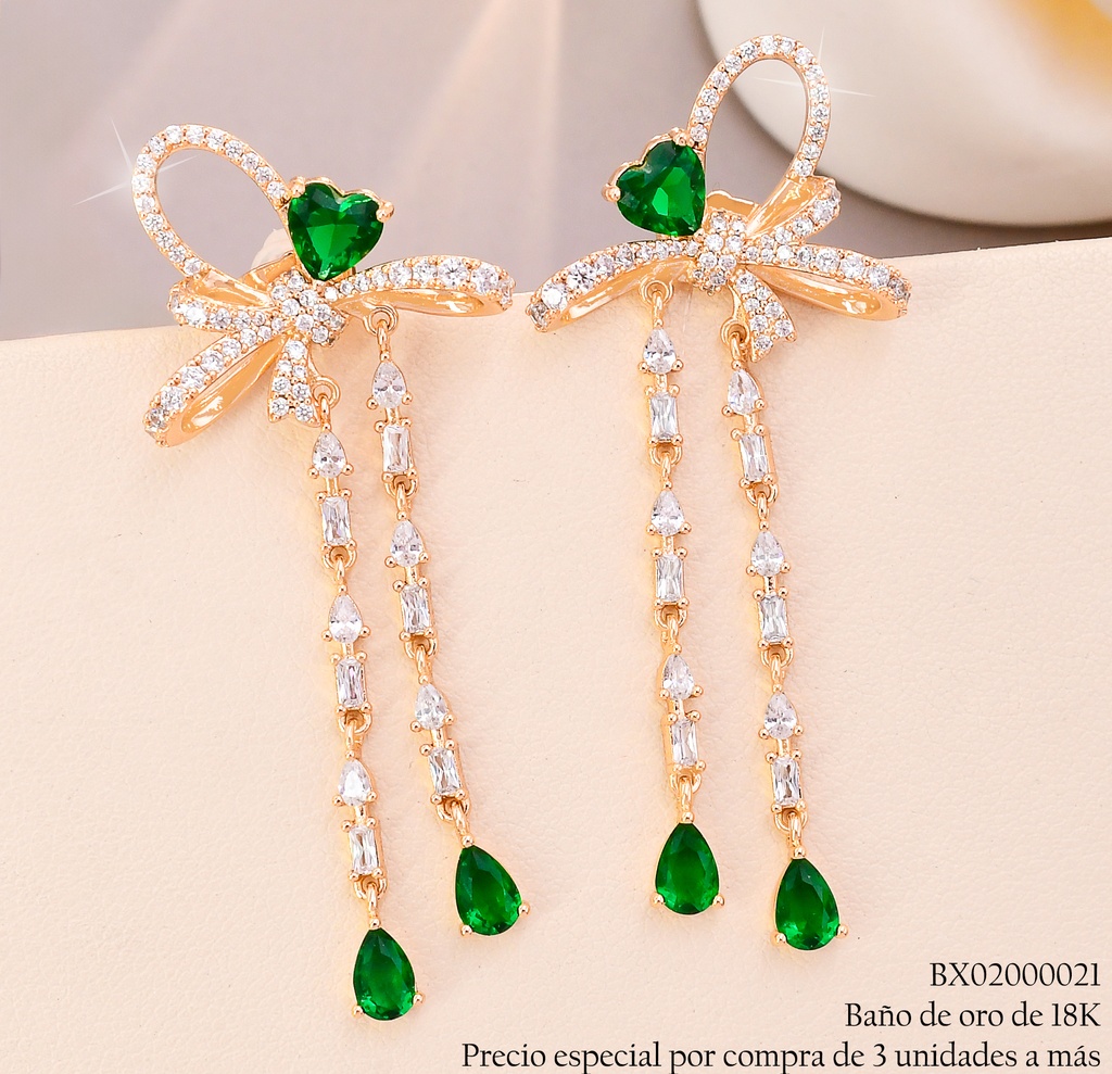 ARETES BAÑO DE ORO 18K. XUPING LAZO/ZIRC.VERDE C/COLGANTE (X)