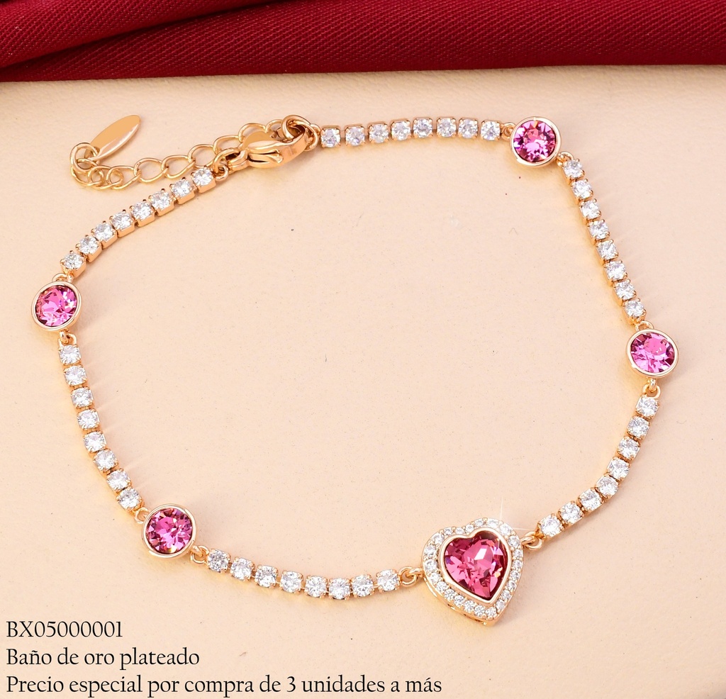 PULSERA BAÑO DE ORO 18K. XUPING ZIRC.RD FUCSIAS CORAZON CENTRO JBYX-0208 (X)
