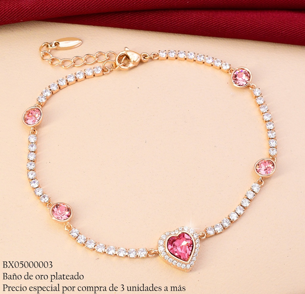 PULSERA BAÑO DE ORO 18K. XUPING ZIRC.RD ROSADAS C/CORAZON CENTRO JBYX-0208 (X)