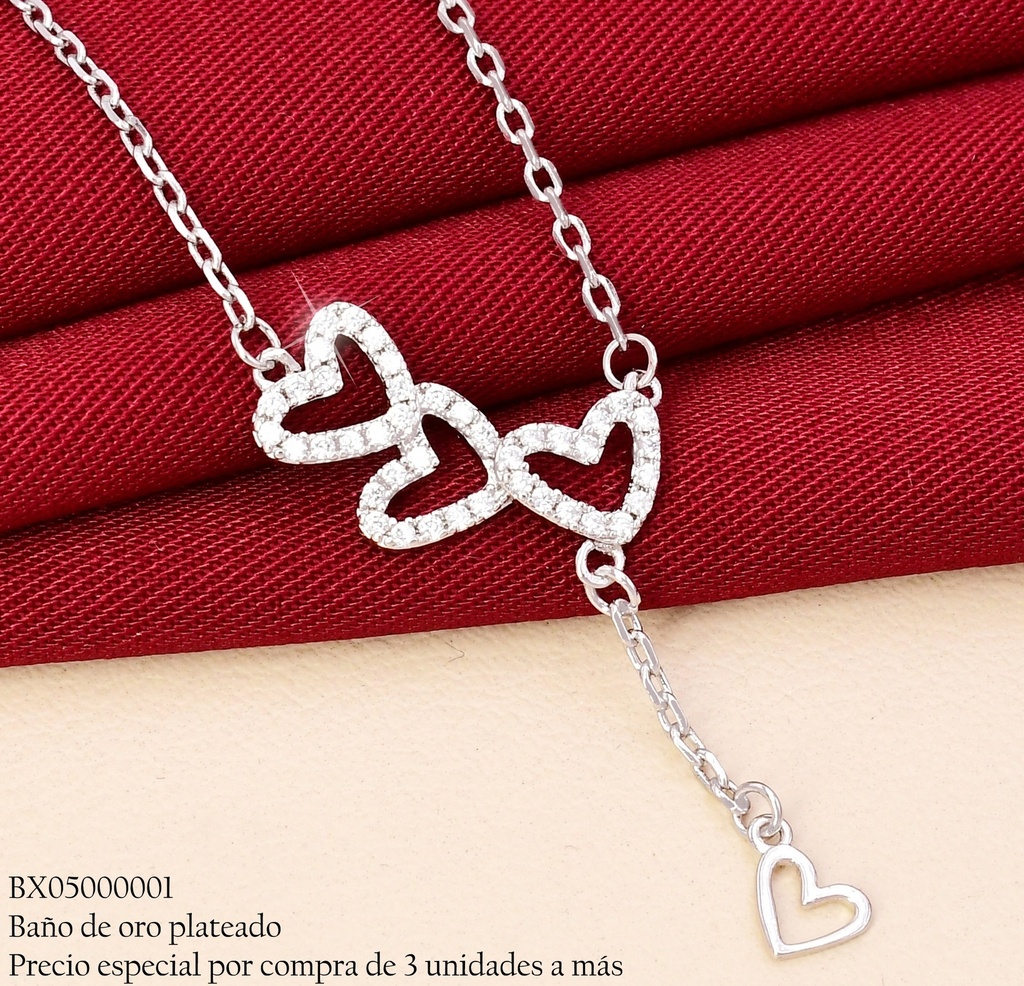 CADENA BAÑO PLATEADO  DIJE CROQUI CORAZONES ZIRC. X1434-1 XUPING