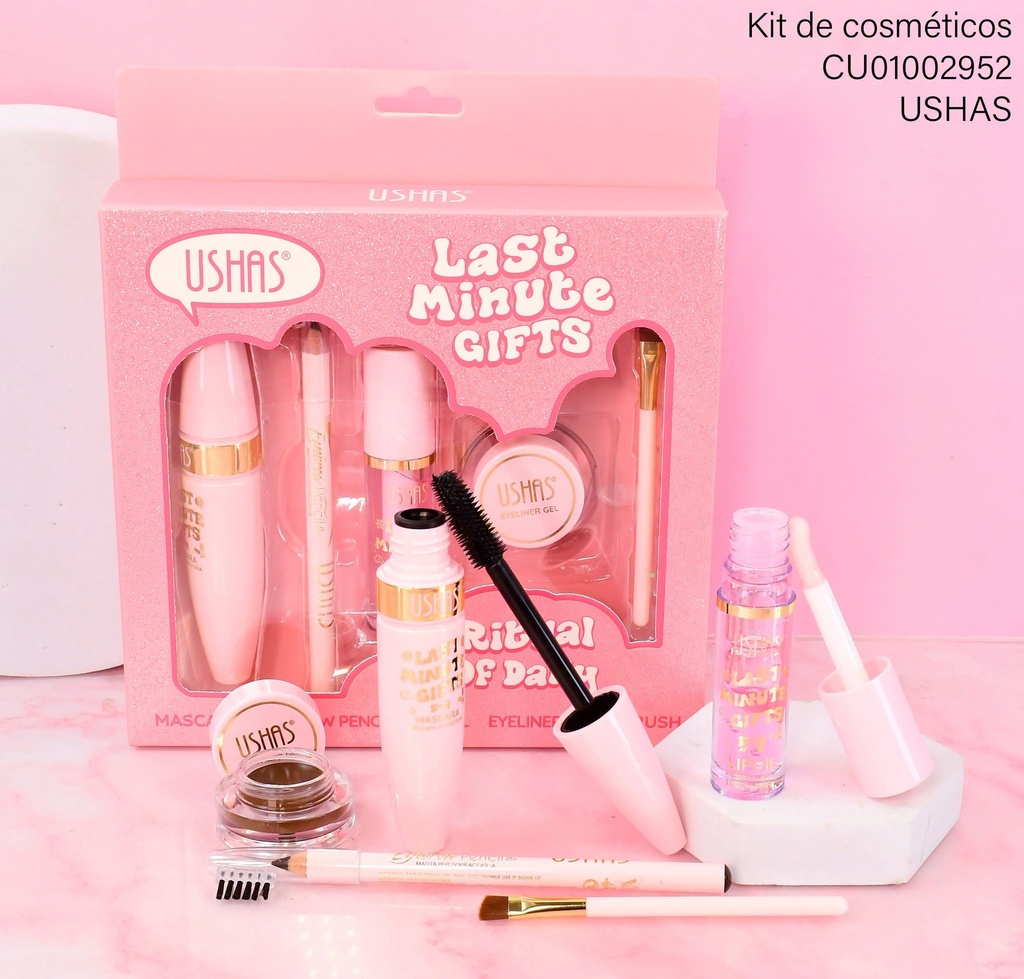 SET USHAS MASCARA/EYEBROW PENCIL/LIPOIL/EYELINER GEL/BRUSH UCS006