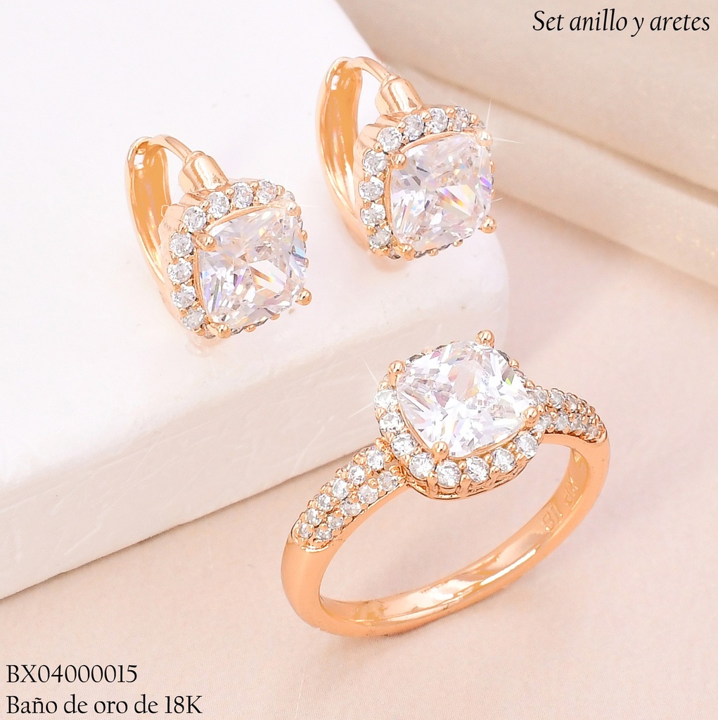 SET BAÑO DE ORO 18K ARETES/ANILLO SOLITARIO ZIRC.RECT./ZIRC (XAG)