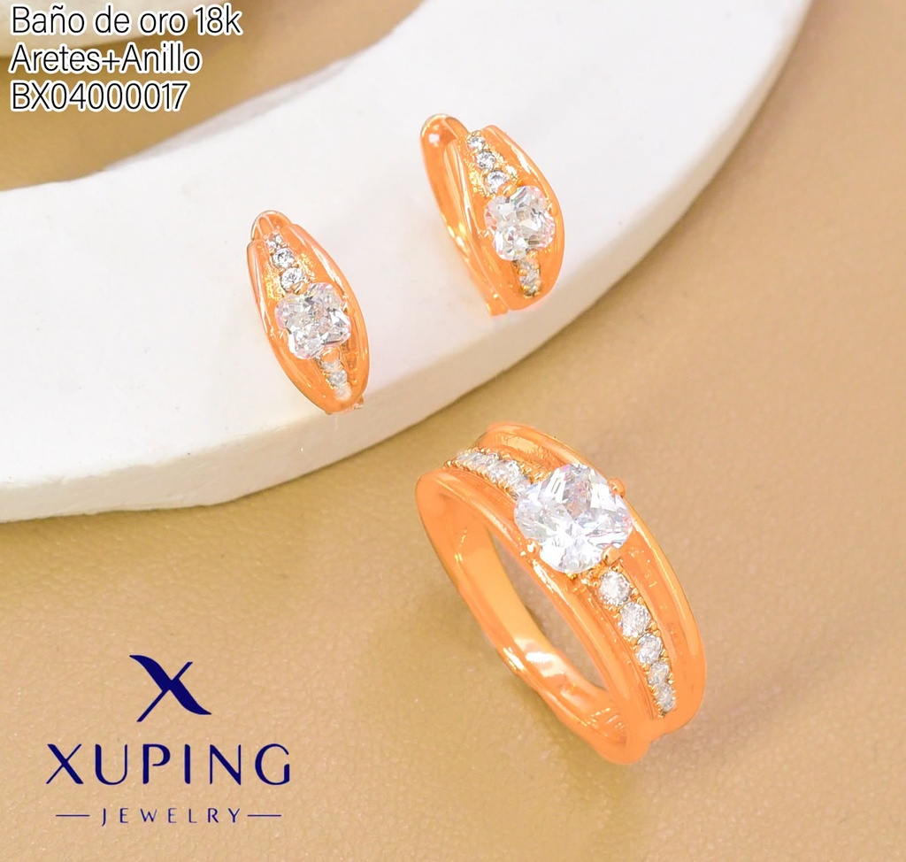 SET BAÑO DE ORO 18K ARETES/ANILLO SOLITARIO ZIRC.ENTRE LINEAS (XAG)