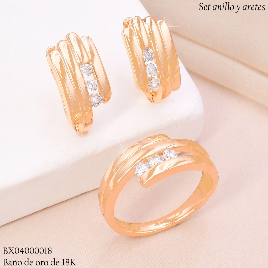 SET BAÑO DE ORO 18K XUPING  C/ANILLO LINEAS LISAS  3 ZIRC. RD
