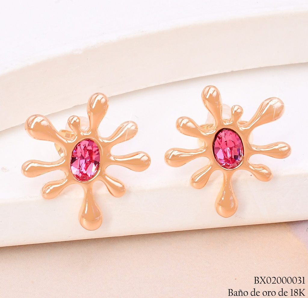 ARETES BAÑO DE ORO 18K XUPING GOTA PINTURA C/FUCSIA JESM-3776