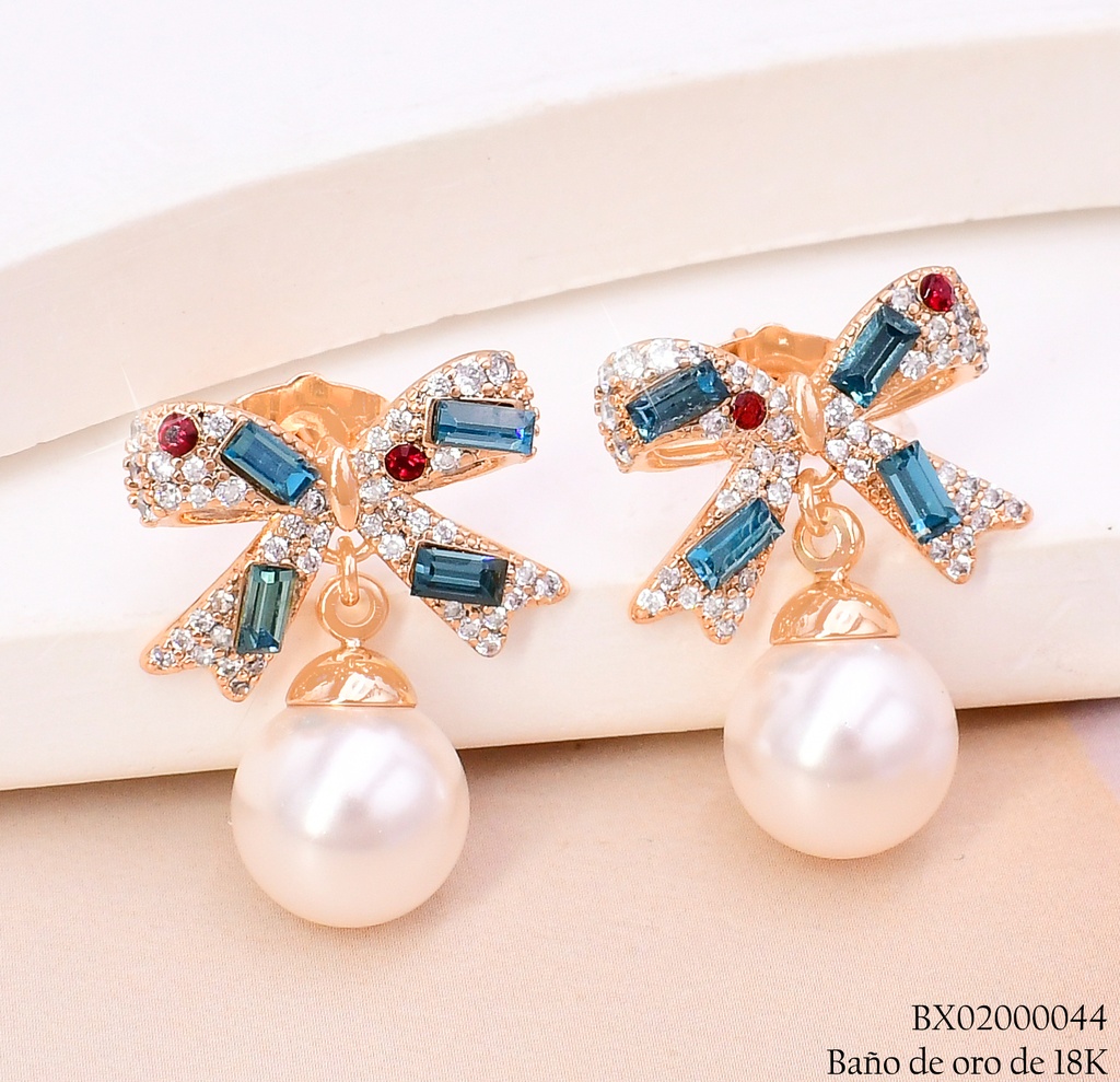 ARETES BAÑO DE ORO 18K. XUPING LAZOS ZIRC.TURQUESA C/PERLA (X)