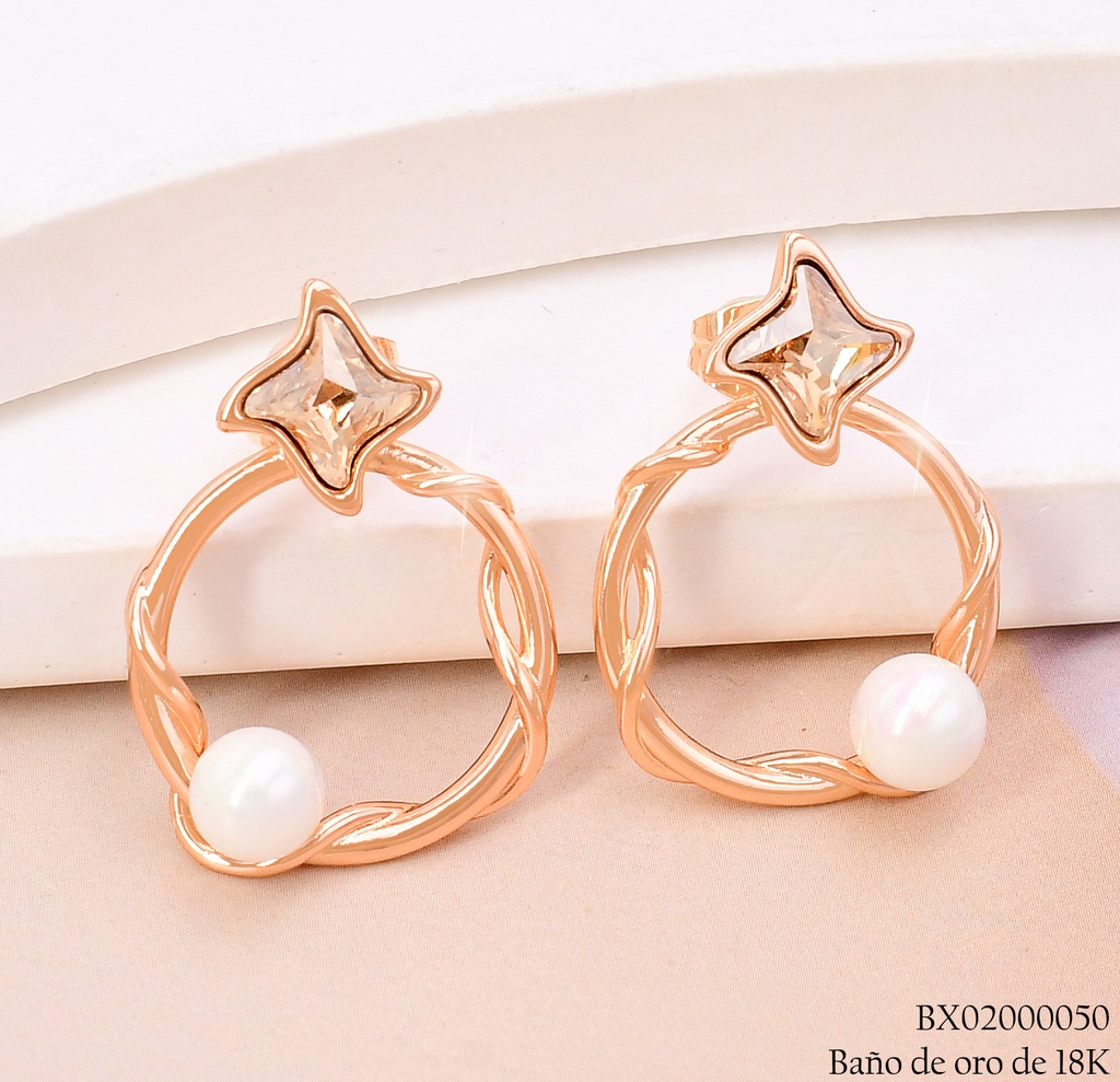 ARETES BAÑO DE ORO 18K. XUPING CIRCULO C/ESTRELLA-PERLA JEZZ-3821(X)
