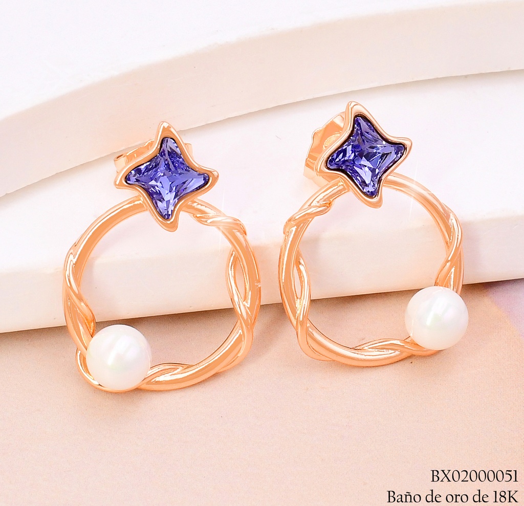 ARETES BAÑO DE ORO 18K. XUPING CIRCULO C/ESTRELLA AZUL-PERLA JEZZ-3821(X)