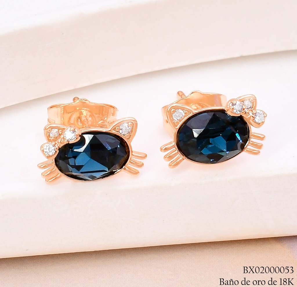 ARETES BAÑO DE ORO 18K. XUPING GATITA ZIRC.AZUL (X)