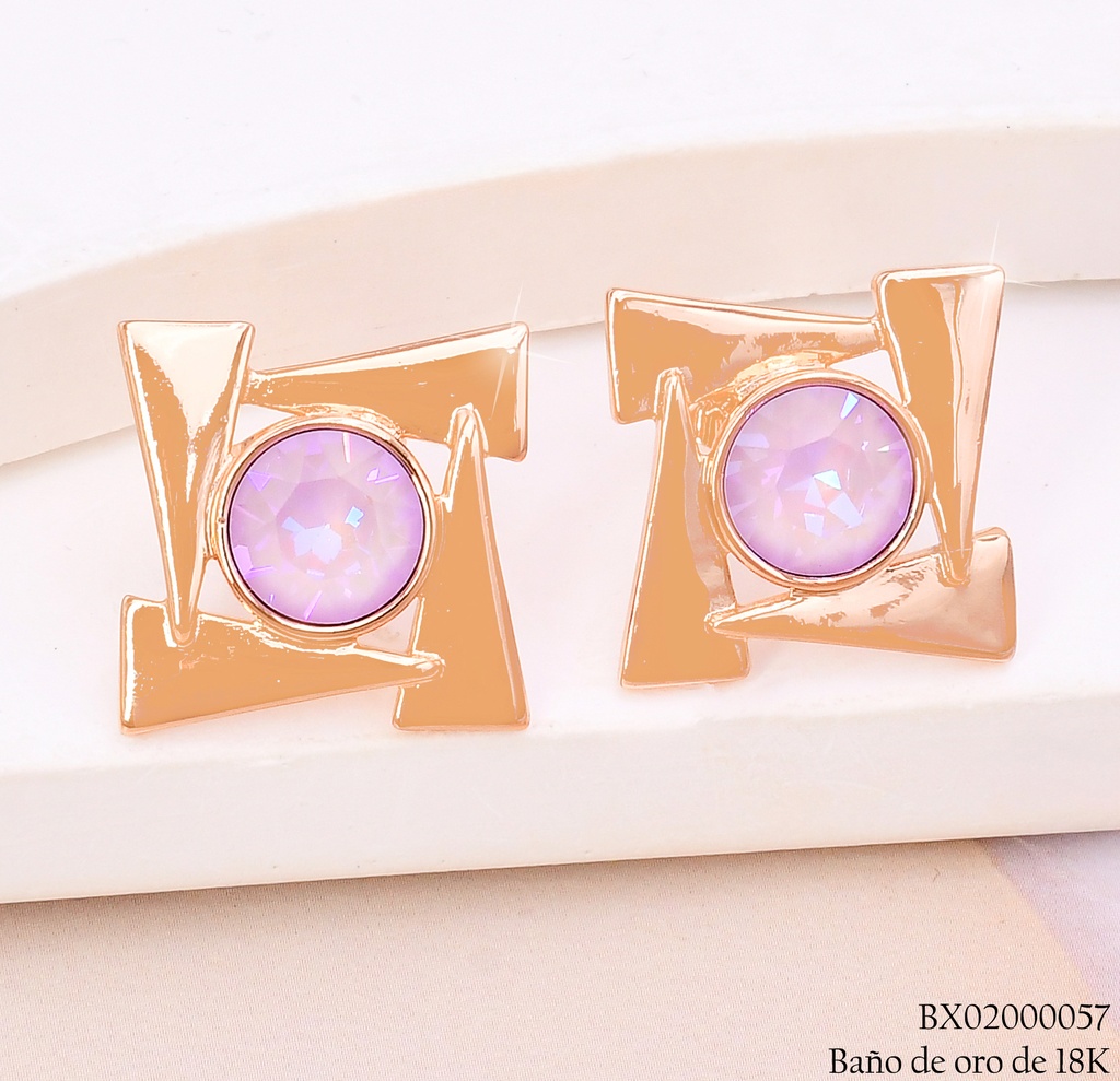 ARETES BAÑO DE ORO 18K. XUPING CUADRO IRREG.CENTRO RD.ROSADO JESM-S927 (X)