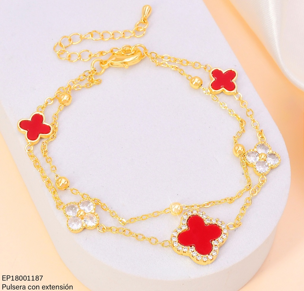 PULSERA VAN CLEEF (5) DOBLE ZIRC/ROJO-PELOTITAS BE688-9
